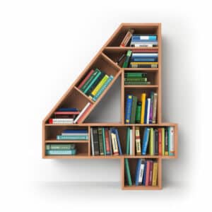 Number 4 four. Alphabet in the form of shelves with books isolated on white. 3d illustration